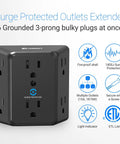 Six Outlet Wall Plug Extender With Surge Protector, Wide Spaced 3 Sided Power Strip, Mountable Wall Tap for 3 Prong Plugs