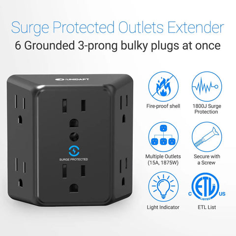 Six Outlet Wall Plug Extender With Surge Protector, Wide Spaced 3 Sided Power Strip, Mountable Wall Tap for 3 Prong Plugs