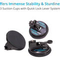 Rock Solid Heavy Duty Vehicle Camera Mount With Quick Lock Suction Cups And Flexible Extension Rods To Nail Every Shot On The Highway Holding Up Like A Boss showing 3 sturdy suction cups with quick lock system for stability.