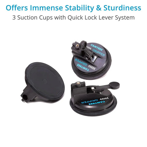 Rock Solid Heavy Duty Vehicle Camera Mount With Quick Lock Suction Cups And Flexible Extension Rods To Nail Every Shot On The Highway Holding Up Like A Boss showing 3 sturdy suction cups with quick lock system for stability.