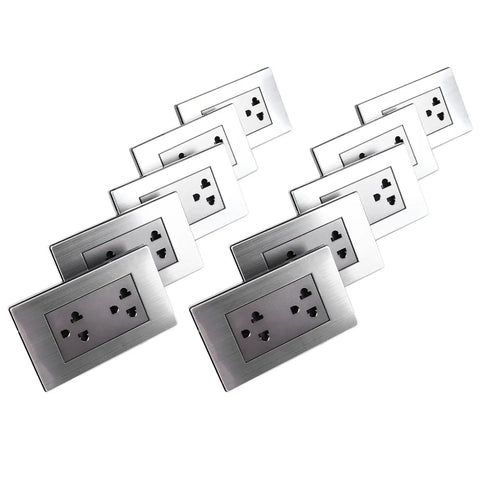 Solid Stainless Steel Wall Outlets Heavy Duty Ten Piece Electrical Sockets For Home And Office displayed in a group arrangement.