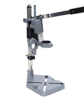 Kickass Adjustable Drill Press Stand Featuring Universal Bench Clamp And Dual Drill Mount, metal frame with sturdy base for rotary tools.
