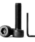 M8 Socket Head Cap Screws 70Mm 12.9 Grade Alloy Steel Full Thread Black Oxide Allen Drive Bolts With Hex Key stacked with a tool.