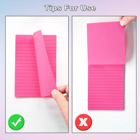 Tips for using 9 Pack 4x6 Lined Sticky Notes With Super Sticky Adhesive, showing proper and improper handling of pink memo pads.
