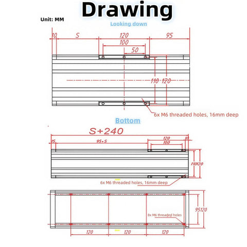 Technical drawing of Heavy Duty Built Tough 8 Inch Linear Slide Table With 200mm Stroke And 1605 Ball Screw details