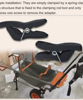 Hands Free Wheelbarrow Tool Holder clamps on Aerocart, securing tools like rake and shovel during transport, universal fit brackets.