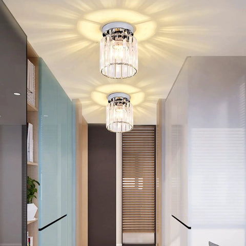 2 Pack Mini Semi Flush Mount Ceiling Lights With Clear Shade, Modern Crystal Ceiling Lamps For Indoor Use in a hallway.