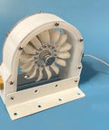 100W Coreless Disc Hydro Generator for home use with transparent housing, visible PE impeller, and PP casing on blue background.