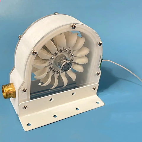100W Coreless Disc Hydro Generator for home use with transparent housing, visible PE impeller, and PP casing on blue background.