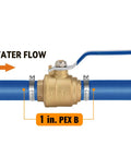 2 Pack 1 Inch PEX Brass Ball Valve Set With Full Port Quarter Turn Shut Off For PEX B Pipes, showing water flow direction.