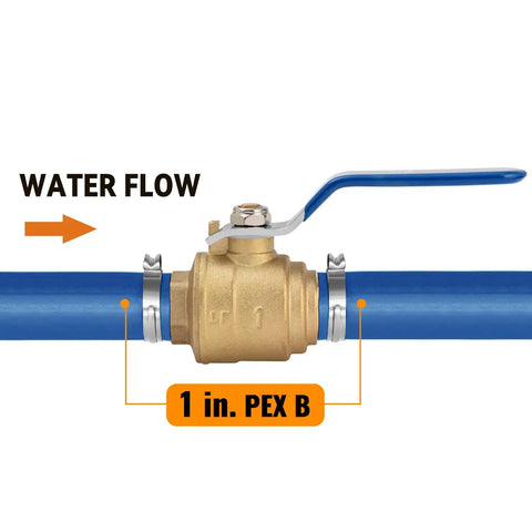 2 Pack 1 Inch PEX Brass Ball Valve Set With Full Port Quarter Turn Shut Off For PEX B Pipes, showing water flow direction.