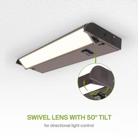 Swivel LED Under Cabinet Lights 12 Inch 5W Kit Dimmable And Linkable Plug In Or Hardwired with 50° rotatable lens in use