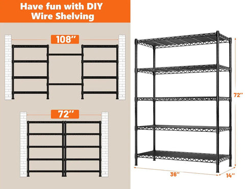 72 Inch Beefy Heavy Duty Metal Shelving Unit With 5 Tier Storage For Kitchen Pantry And Garage Maximum 1100 Lb Capacity Total 220 Lb Per Shelf Space Saving Wire Shelves Easy Assembly Durable Design, 72 x 36 x 14 inches