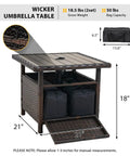 All Weather Outdoor Umbrella Stand Table With Two Weight Bags 22 Inch Wicker Side Table With Umbrella Hole Sturdy Rattan Base For Deck Yard Poolside Porch Brown
