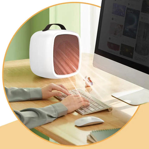 Tiny But Mighty Compact Ceramic Space Heater 500W For Home And Office Quiet Desk Heater With Overheat Protection Cozy Up Warmth Safe Yellow Portable Desk Companion For Desktop And Small Rooms on desk beside computer