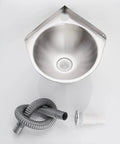 Top view of Bathroom Sink Wall-Mounted Corner Bathroom Sink Stainless Steel Round Sink with drainage hose and drain fitting.