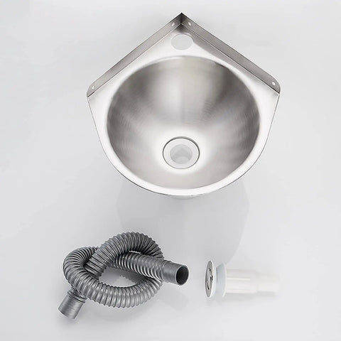 Top view of Bathroom Sink Wall-Mounted Corner Bathroom Sink Stainless Steel Round Sink with drainage hose and drain fitting.