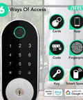 Built In WiFi Fingerprint Smart Deadbolt With Keypad Keyless Entry Lock For Home And Airbnb No Hub Or Gateway Needed Remote App Access Auto Lock DIY Setup Alexa And Google Compatible showing six access methods against a home indoor setting