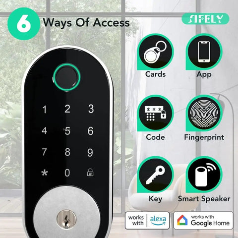 Built In WiFi Fingerprint Smart Deadbolt With Keypad Keyless Entry Lock For Home And Airbnb No Hub Or Gateway Needed Remote App Access Auto Lock DIY Setup Alexa And Google Compatible showing six access methods against a home indoor setting