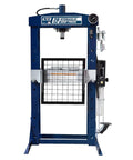 20 Ton H Frame Hydraulic Garage Shop Press With Hand Pump Foot Pedal featuring a large grid plate and pressure gauge.