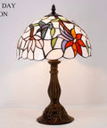 Tiffany Style Hummingbird Stained Glass Table Lamp With 12 Inch Shade And 18 Inch Tall Antique Green Bronze Base Ideal Bedside Desk Reading Light For Bedroom Living Room Home Office UL Listed With On Cord Switch, lit in day.