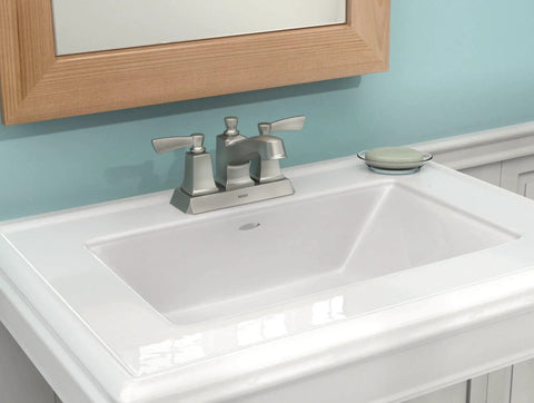 Spot Resistant Brushed Nickel Dual Handle Centerset Bathroom Faucet With Drain Assembly WaterSense Certified Four Inch Centerset ADA Compliant Easy Install