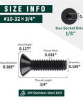 10-32 By 3/4 Inch Flat Head Socket Head Cap Screws Black Oxide Coated 304 Stainless Steel 18-8 Full Thread Coarse Hex Drive 1/8 Inch 50-Pc Set Tough-As-Nails Built For DIYers And Outdoor Use size details