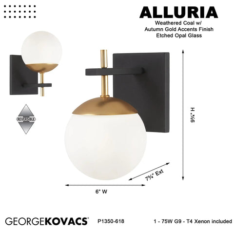 Alluria Wall Sconce Weathered Black With Autumn Gold Finish, 1 Light, 75W Max, 9.75 Inch Height, 6 Inch Width, Dimmable Indoor Fixture