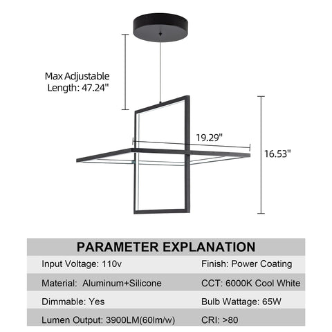 Modern Square LED Chandelier Pendant Light That Looks Lit Dimmable 6000K Cool White Ideal For Living Room Dining Bedroom Kitchen