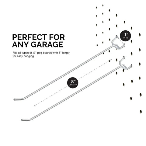 Eight Inch Pegboard Hook Organizer Kit with Fifty Hanging Hooks for Garage and Workshop Storage displayed on pegboard.