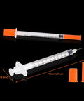 Bulk 30 Pack U100 Syringes 30 Gauge Five Sixteenth Inch 8 Millimeter 1 mL Disposable, Individually Wrapped, Pro Grade Performance, Smooth Leak-Proof Plunger, Clear Barrel, Medical Grade Single-Use Syringes, shown with orange caps