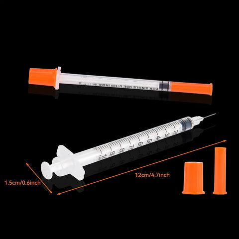 Bulk 30 Pack U100 Syringes 30 Gauge Five Sixteenth Inch 8 Millimeter 1 mL Disposable, Individually Wrapped, Pro Grade Performance, Smooth Leak-Proof Plunger, Clear Barrel, Medical Grade Single-Use Syringes, shown with orange caps