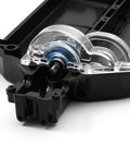 Transparent Spur Gear Covers For 1X10 RC Car TT02 installed on black chassis, showing internal gears through clear plastic, close-up view.