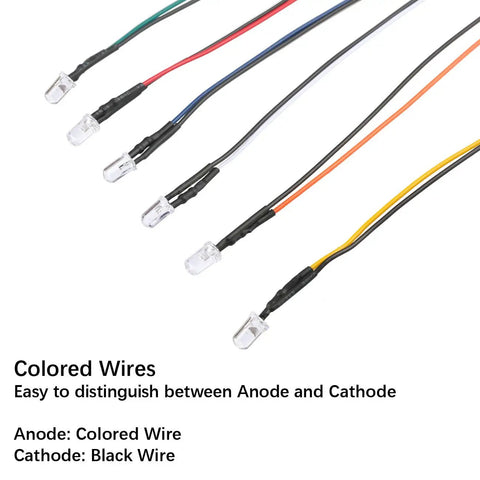 6 prewired LEDs showing wire colors from 56 Piece DC 12V 5mm LED Light Kit With Prewired Resistors, Clear Lens, Color Burst Assortment