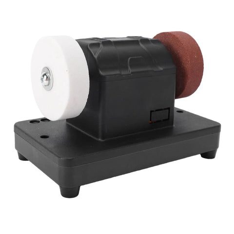 Pissente Mini Bench Grinder For 18V Battery Power Tool With Dual Wheels, showcasing black housing and white, red wheels.