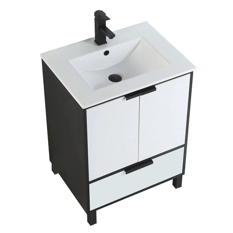 Heavy Duty 24 Inch Bathroom Vanity With Sink, Matte White Modern Cabinet Packing Soft Close Doors Deep Drawer Storage Scratch Resistant Ceramic Basin top view with faucet.