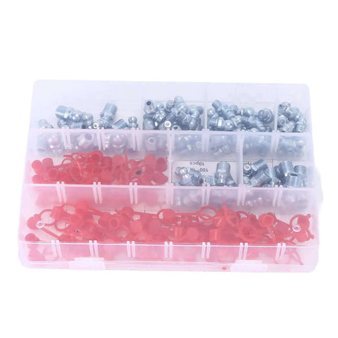 Heavy Beefy 160 Pieces Grease Fitting Kit With Zerk Nipples Incl 45 90 180 Deg Elbows Plus Straight Nuts In Storage Box, m10 steel