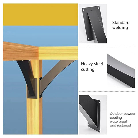 Tough As Nails 45 Degree Angle Support Brackets Heavy Duty Carbon Steel Beam Connectors For Pergola Gazebo Deck Patio Outdoor Projects Black Powder Coated Steel Corner Braces close-up on wood frame and connection detail.