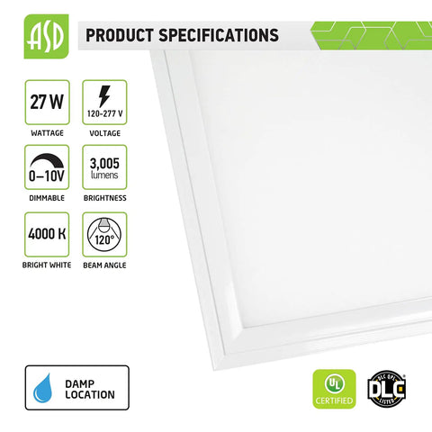 2x2 LED Flat Panel Light Edge Lit Dimmable 27W 3005LM Fixture 4000K Bright White Drop Ceiling Specs with UL DLC Tags