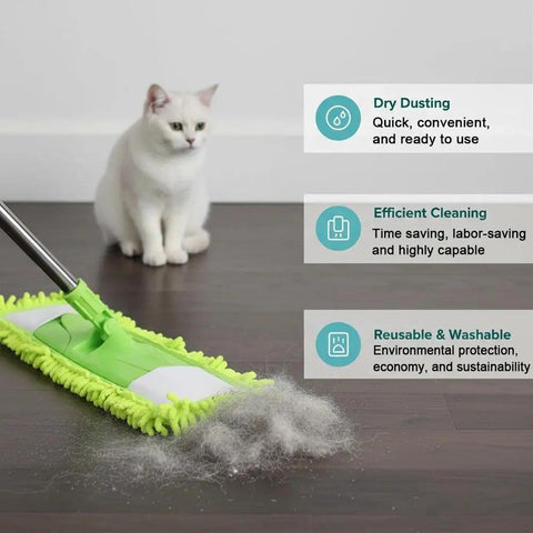 All Purpose Floor Dust Mop With 58 Inch Extendable Handle And Washable Chenille Pads, cleaning hardwood floor with green mop and cat