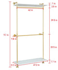 Hella Sturdy Two Tier Industrial Garment Rack With Thick Wood Shelf And Durable Metal Frame Wall Mounted Double Hanging Rods Clothes Storage Shelf For Home Or Boutique dimensions with measurements displayed.