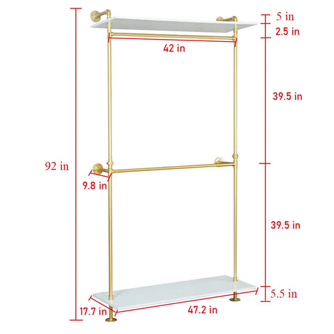 Hella Sturdy Two Tier Industrial Garment Rack With Thick Wood Shelf And Durable Metal Frame Wall Mounted Double Hanging Rods Clothes Storage Shelf For Home Or Boutique dimensions with measurements displayed.