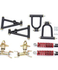 Front Suspension Swingarm Assembly Kit For DIY ATVs Go Karts Buggy And Quad Projects With 195mm And 220mm Upper And Lower Swingarms And Front Shocks Includes 2 Shocks 2 Upper Arms And 2 Lower Arms Easy Install showing components laid out.
