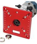 Heavy Duty Aluminum Router Lift Base With Precision Router Table Insert Plate For Woodworking Table Saw And Trimmer Machine showing red insert plate with scale.