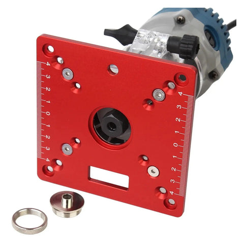 Heavy Duty Aluminum Router Lift Base With Precision Router Table Insert Plate For Woodworking Table Saw And Trimmer Machine showing red insert plate with scale.