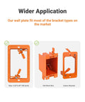 Straight Shooting Brush Cable Wall Plate With Sturdy Mounting Bracket To Neatly Tame Hdmi Coax Speaker Wire And Rj45 Ethernet For A Clean Cut Wall Finish, showing orange wall plate and brackets.