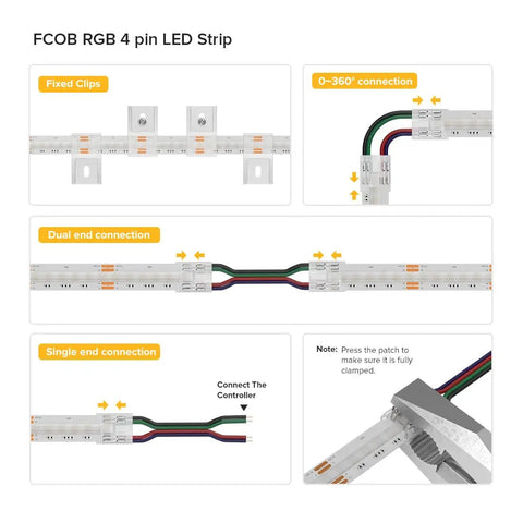 Connection options for Ultra Bright FCOB RGB LED Strip Light 810 LEDs Per Meter High Density Flexible Color Changing Tape