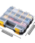 Double Sided 34 Compartment Hardware Organizer Box With Removable Dividers Transparent Durable Plastic Case For Nuts Bolts Screws Nails And Small Hardware Yellow, showing measurements and compartments.