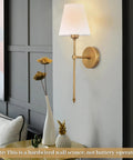 Two Pack Hardwired Brushed Brass Wall Sconces With Fabric Shade, Vanity Light Fixture in modern living room setting, gold finish
