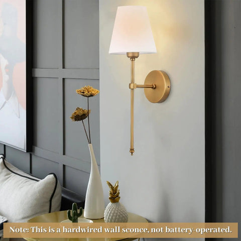 Two Pack Hardwired Brushed Brass Wall Sconces With Fabric Shade, Vanity Light Fixture in modern living room setting, gold finish